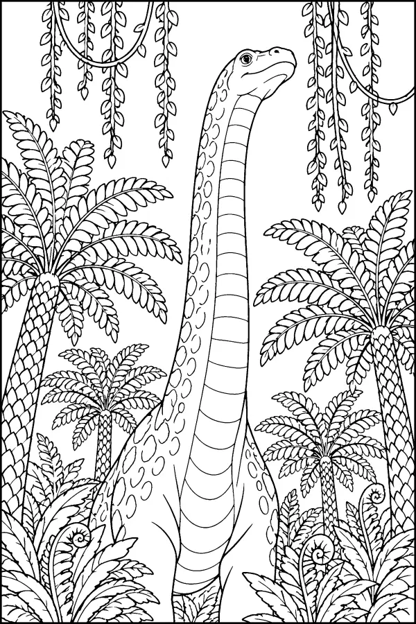 Coloriage détaillé d’un dinosaure à long cou dans la jungle