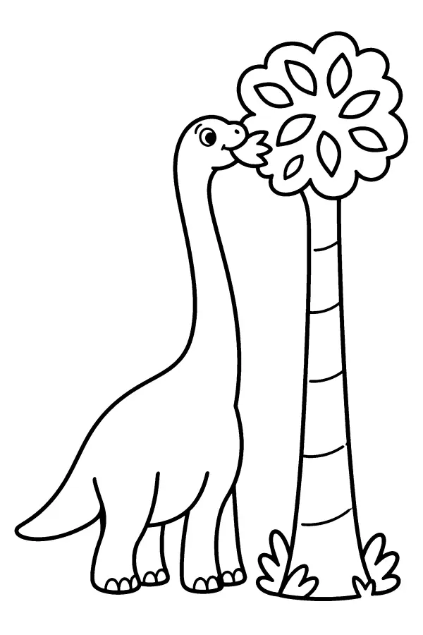 Coloriage d’un dinosaure à long cou mangeant des feuilles