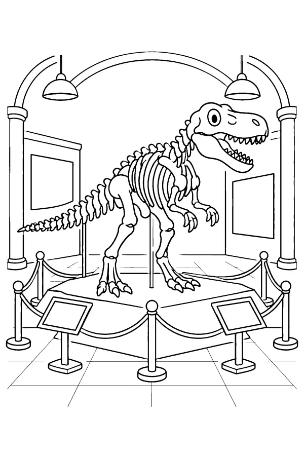 Dessin à colorier d’un squelette de dinosaure T-rex au musée