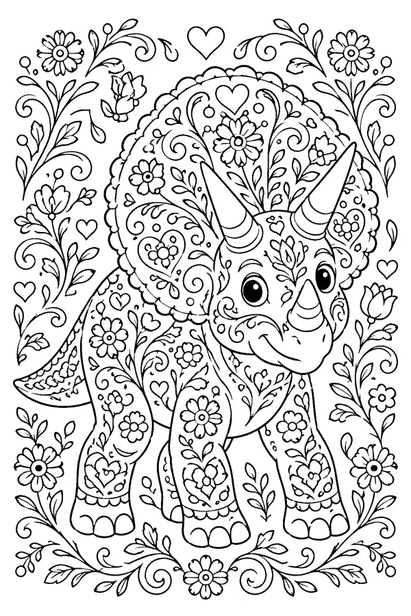 Coloriage détaillé d’un dinosaure à cornes motifs floraux