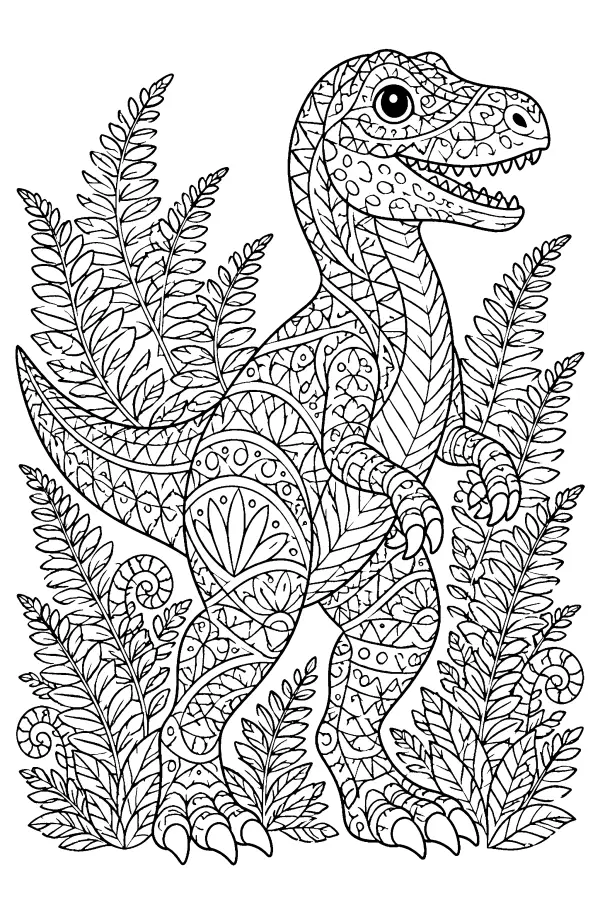 Coloriage détaillé d’un dinosaure parmi les fougères