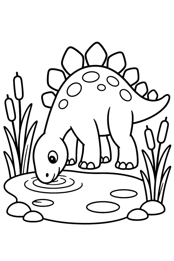 Coloriage de dinosaure à plaques buvant au bord d’un étang