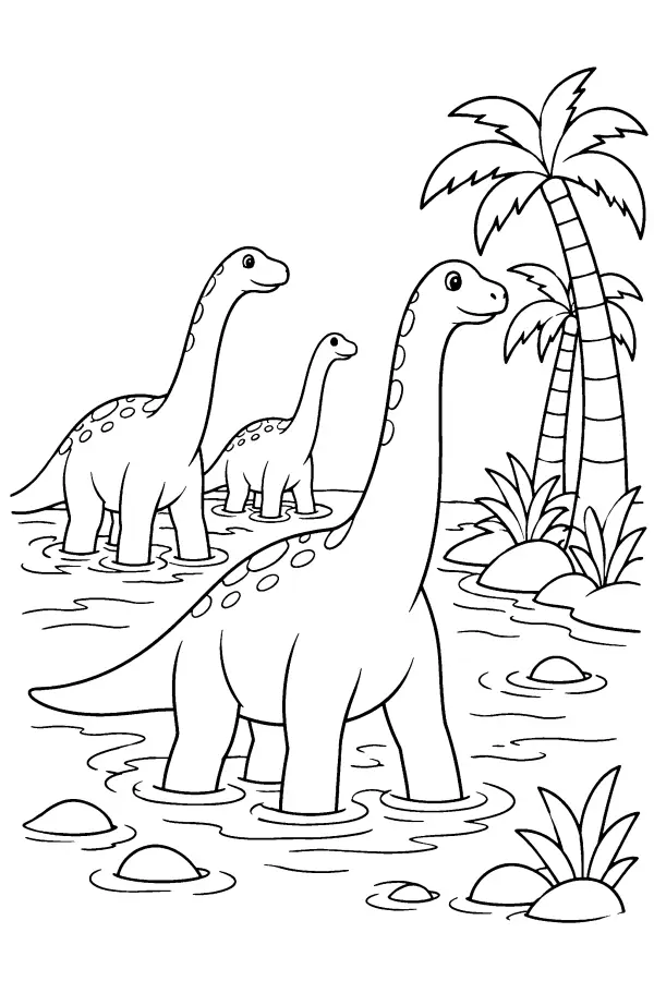 Coloriage de dinosaures à long cou traversant une rivière