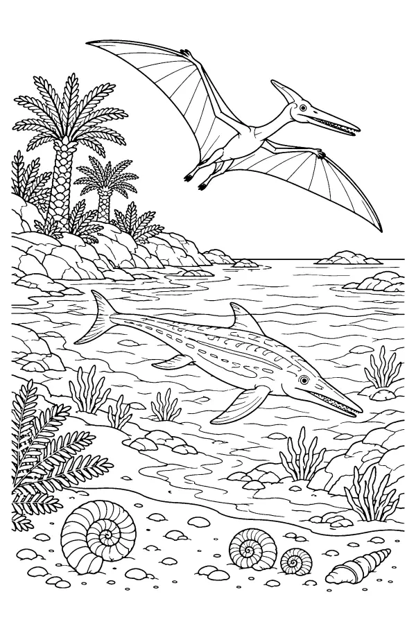 Dessin à colorier de reptiles dinosaures au bord de mer