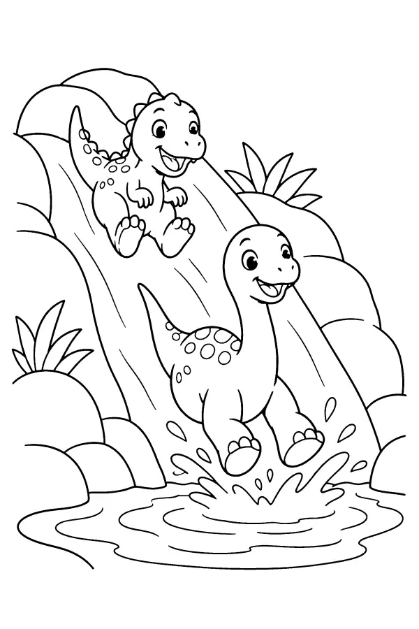 Coloriage de jeunes dinosaures glissant vers une mare