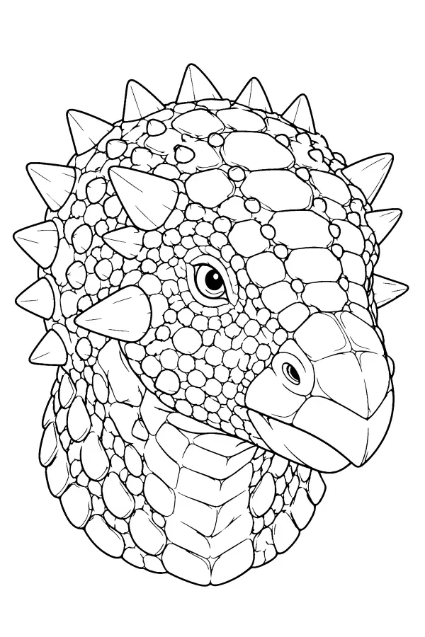 Dessin à colorier d’une tête de dinosaure cuirassé détaillée