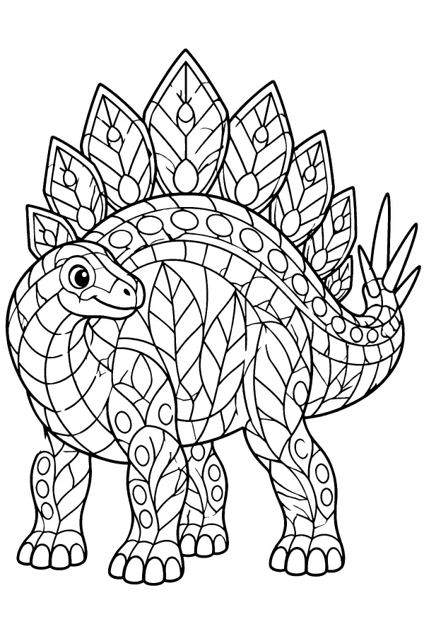 Coloriage détaillé d’un dinosaure à plaques façon vitrail