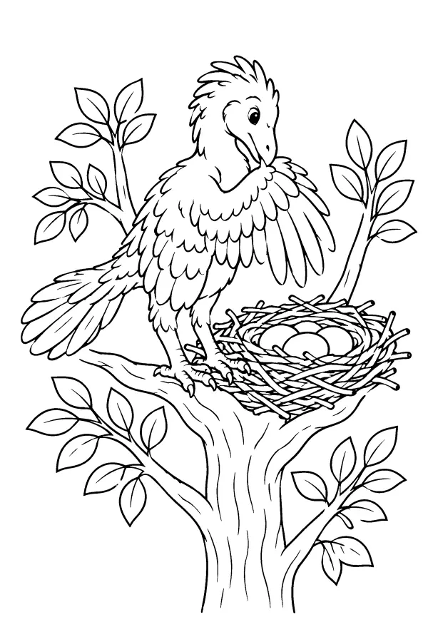 Coloriage d’un dinosaure à plumes dans la cime d’un arbre
