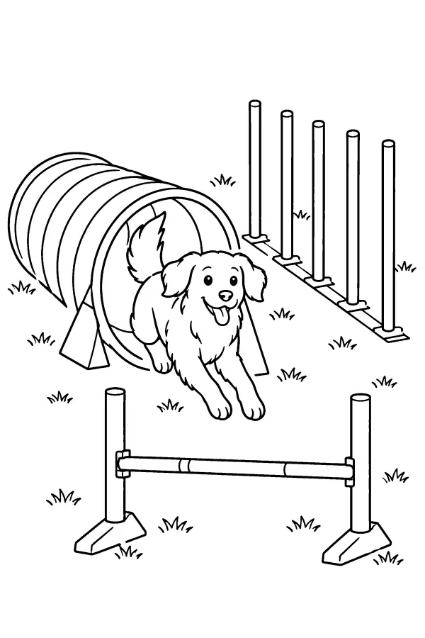 Dessin à colorier d’un chien sur un parcours d’obstacles