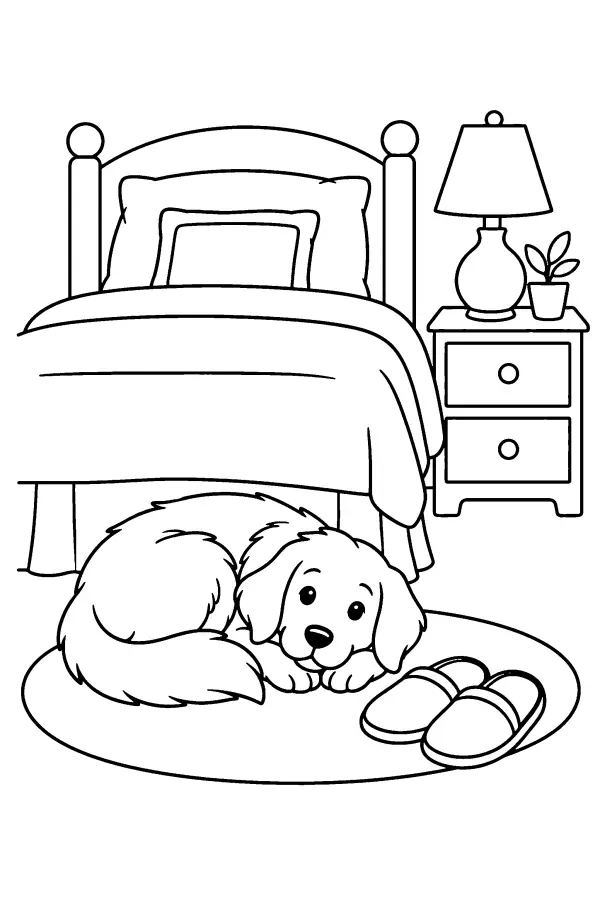 Coloriage d’un chien endormi au pied du lit
