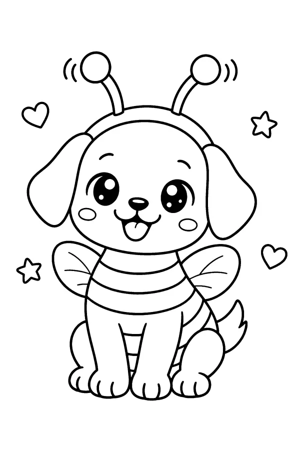 Coloriage d’un chiot déguisé en abeille souriante