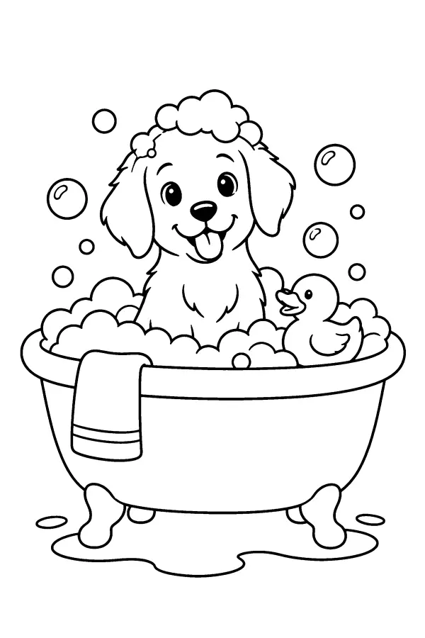 Coloriage d’un chien dans un bain moussant