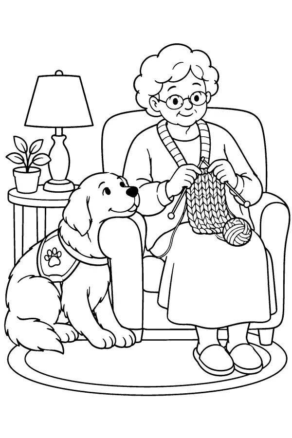 Dessin à colorier d’un chien près d’un fauteuil