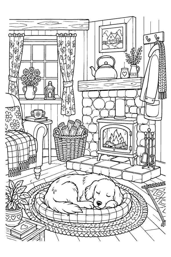 Coloriage détaillé d’un chien endormi près de l’âtre