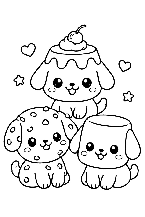 Coloriage de trois chiots en forme de desserts