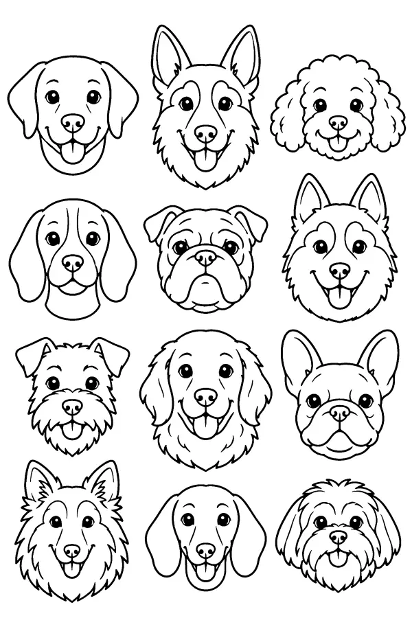 Dessin à colorier de douze têtes de chiens en grille