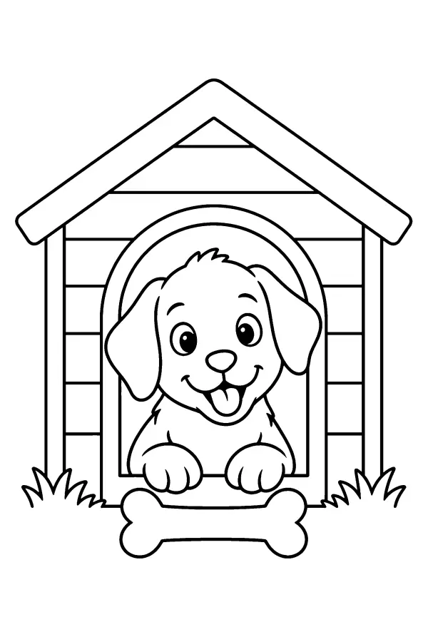 Coloriage facile d’un chien dans l’entrée de sa niche