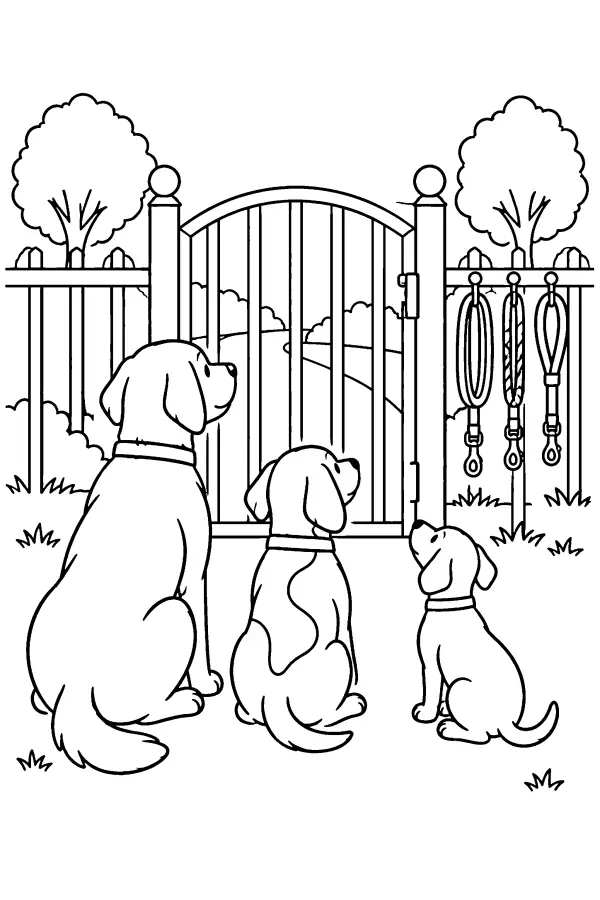 Dessin à colorier de trois chiens devant un portail