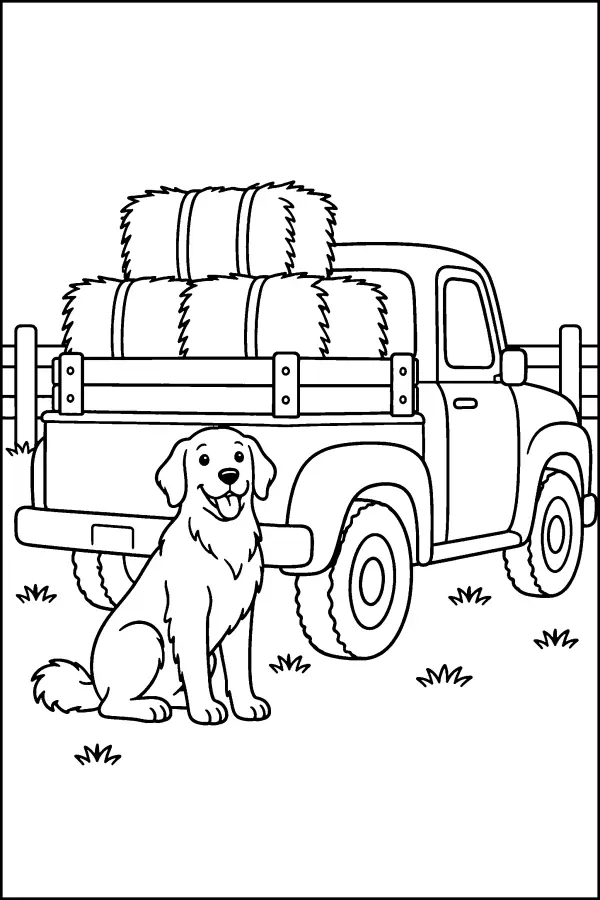 Coloriage d’un chien près d’une camionnette de ferme