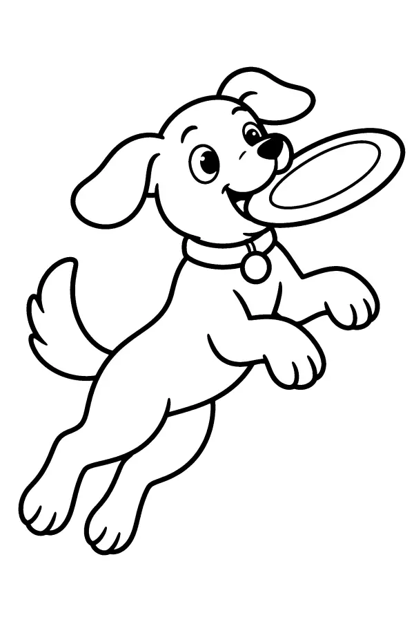 Coloriage d’un chien sautant pour attraper un disque