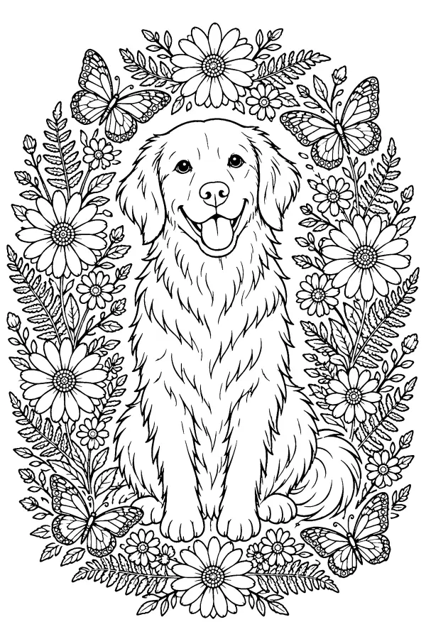 Coloriage détaillé d’un chien dans une couronne florale