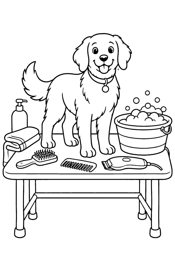 Coloriage d’un chien sur une table de toilettage