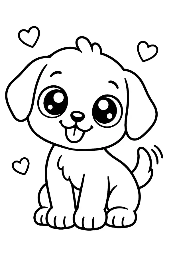 Coloriage facile d’un chiot avec des cœurs autour