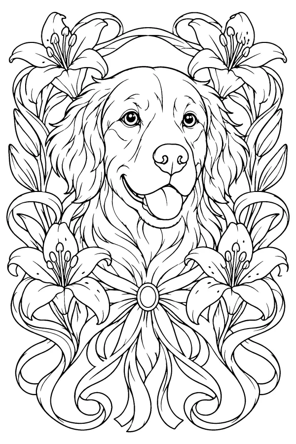 Dessin à colorier d’une tête de chien parmi lys et rubans