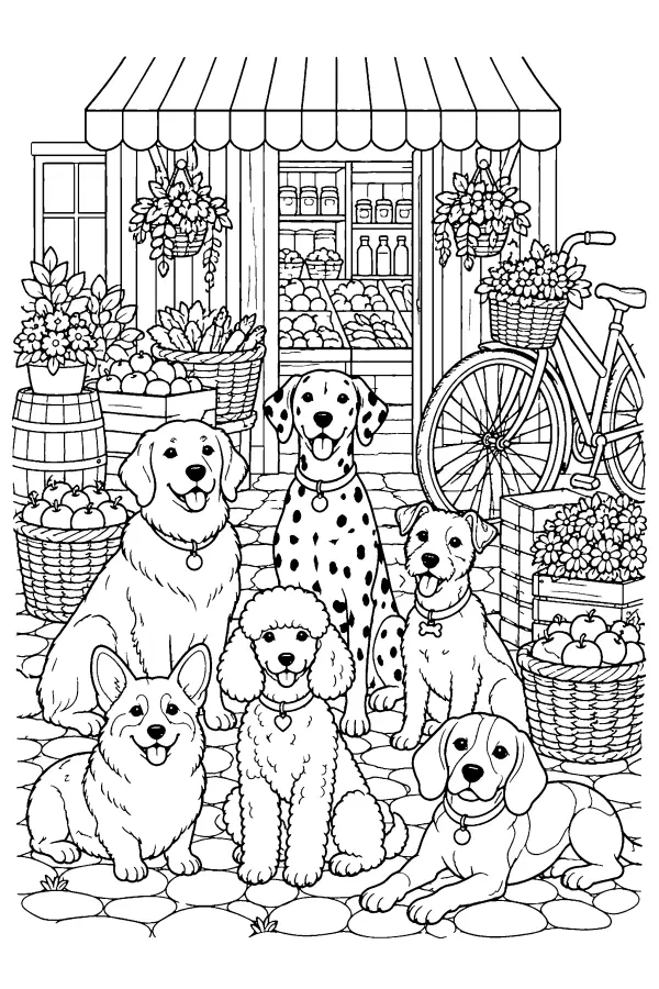Coloriage détaillé de chiens devant un marché
