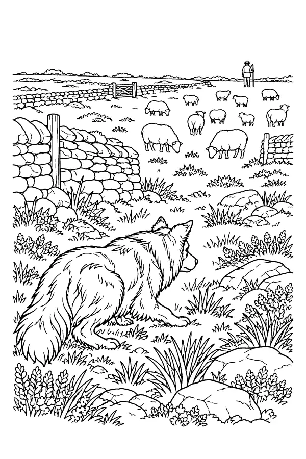 Coloriage détaillé d’un chien de berger dans la lande