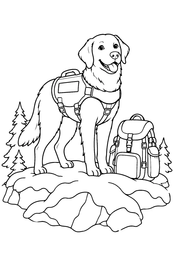 Coloriage d’un chien de sauvetage sur une crête enneigée