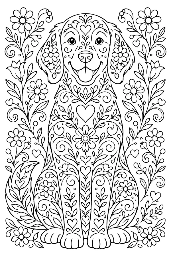 Coloriage détaillé d’un chien aux motifs d’art populaire