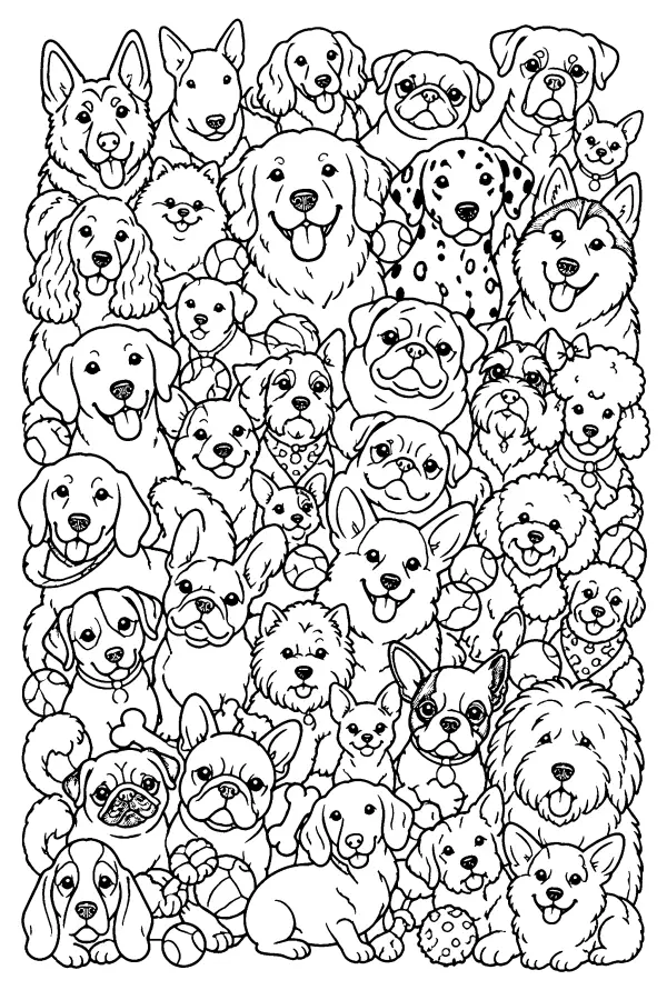 Coloriage détaillé d’une parade de têtes de chiens