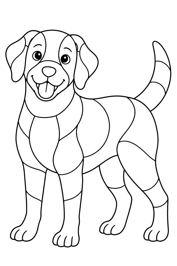 Coloriage d’un chien avec de grandes zones à motifs
