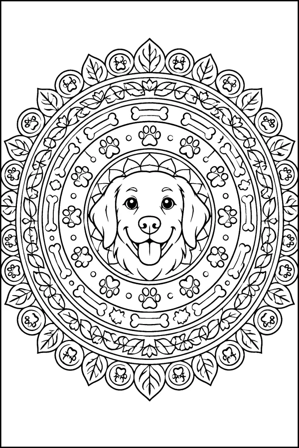 Coloriage détaillé d’un mandala avec tête de chien