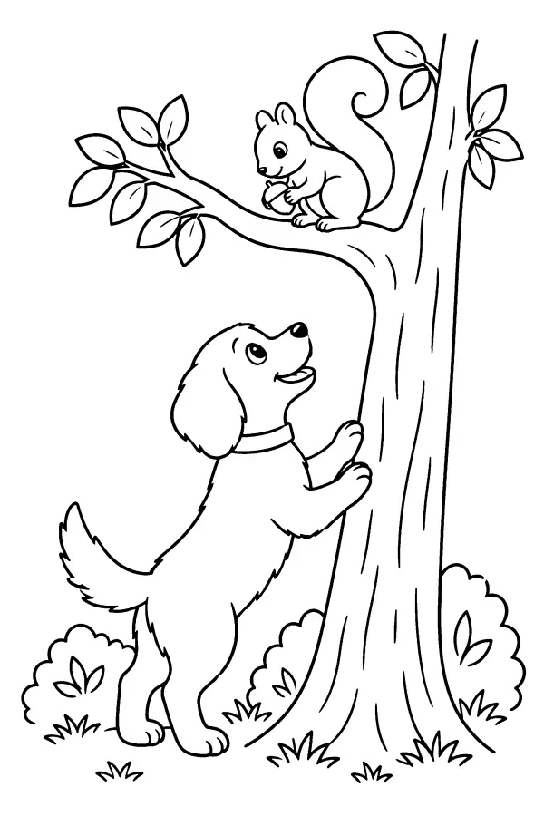 Dessin à colorier d’un chien regardant un écureuil