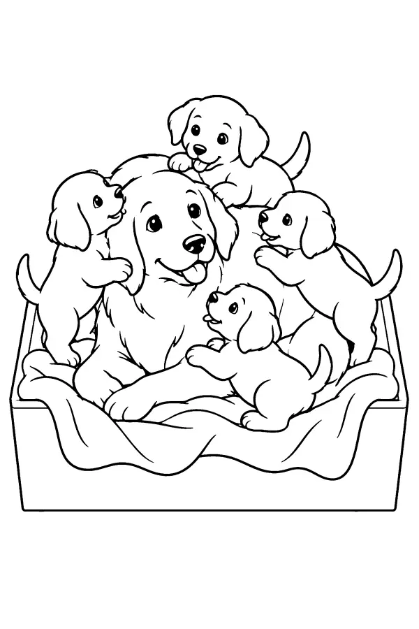 Coloriage d’une chienne avec ses chiots dans une caisse