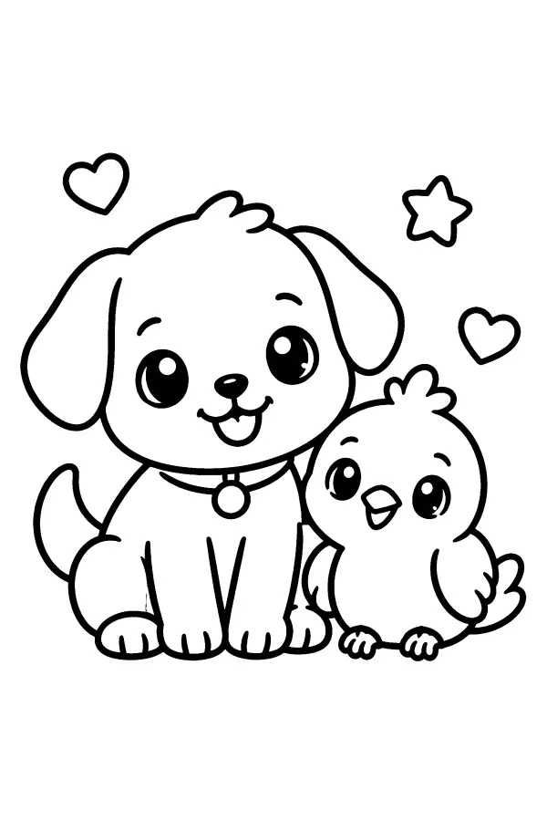 Coloriage facile d’un chiot et d’un poussin ensemble