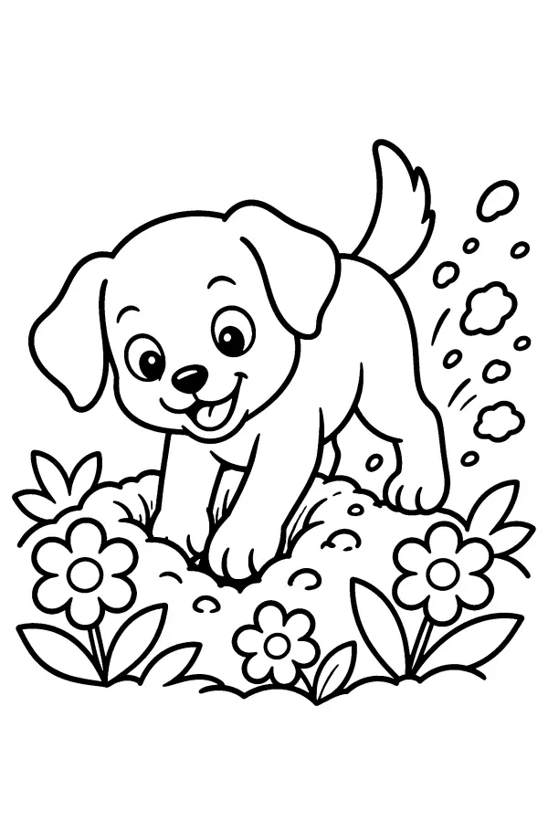 Coloriage d’un chiot qui creuse dans un jardin