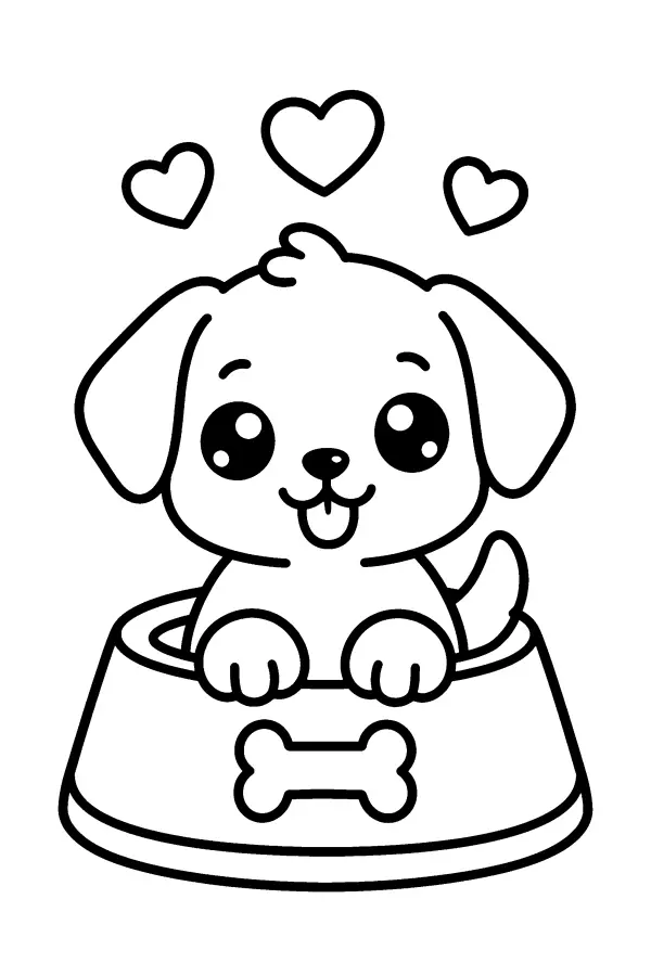 Dessin à colorier d’un chiot assis dans une gamelle