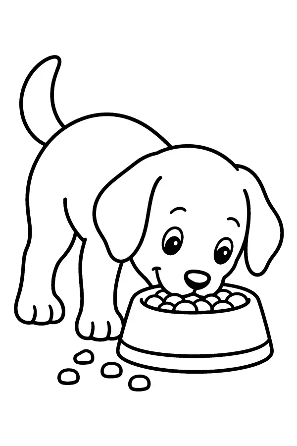 Coloriage facile d’un chiot mangeant dans sa gamelle
