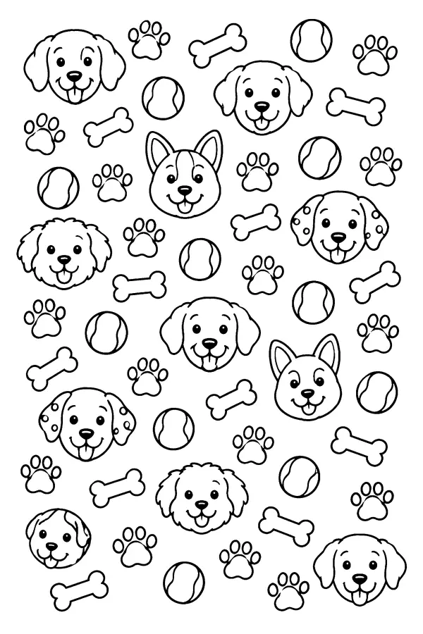Coloriage d’un motif de chiens, os et empreintes
