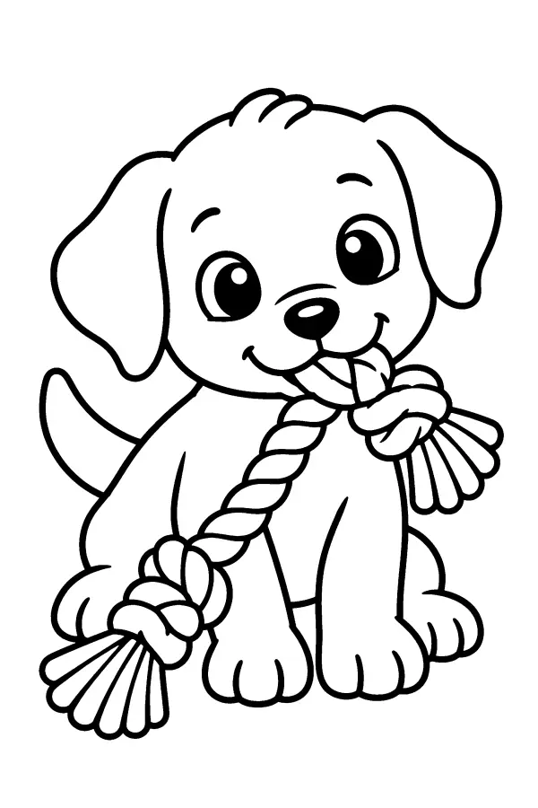 Dessin à colorier d’un chiot avec une corde à nœuds