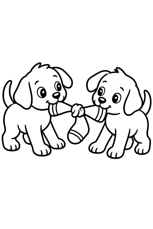 Dessin à colorier de deux chiots tirant une chaussette