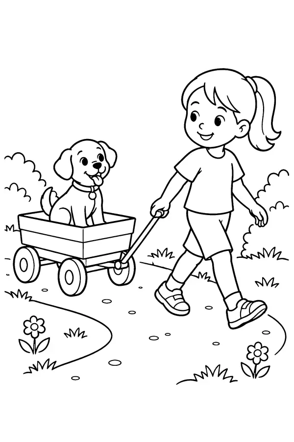 Coloriage d’un chiot dans un chariot tiré par un enfant