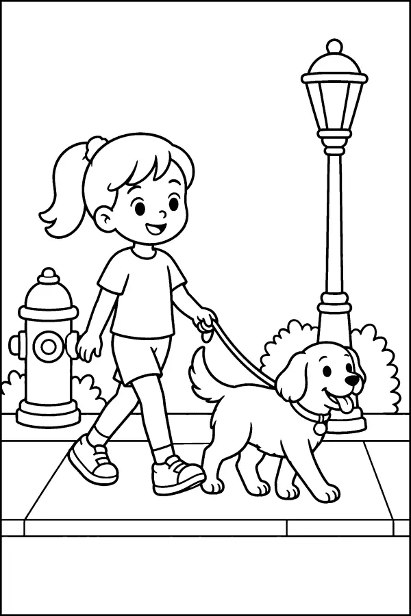 Coloriage d’un enfant promenant un chien en laisse