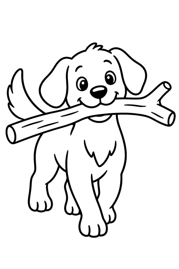 Coloriage d’un chiot portant un bâton dans la gueule
