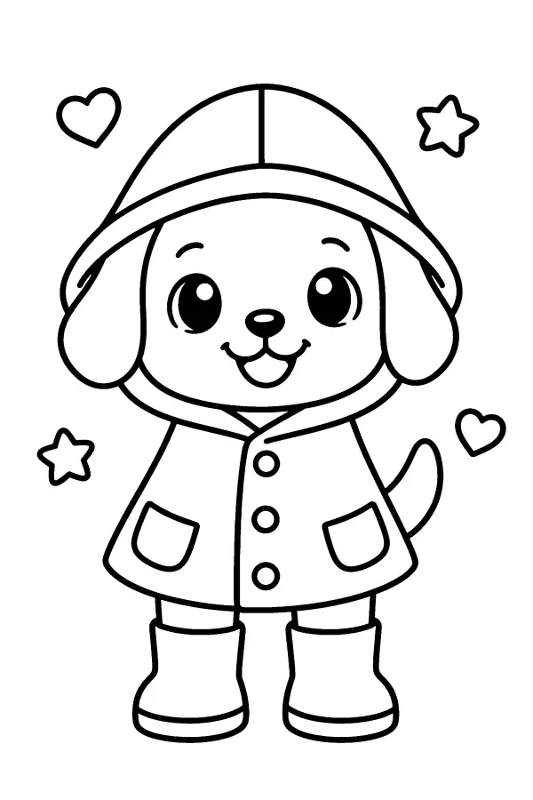 Dessin à colorier d’un chiot en imperméable et bottes