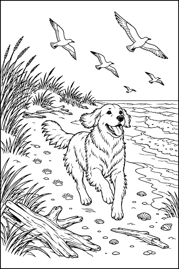 Dessin à colorier d’un chien courant sur la plage