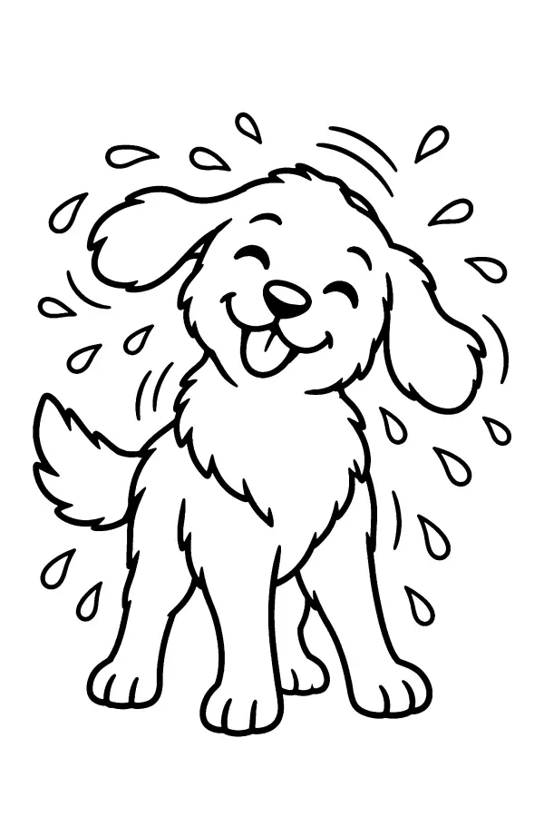 Coloriage d’un chien qui s’ébroue en projetant de l’eau